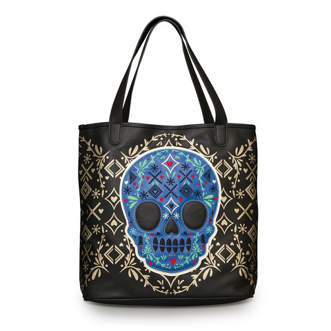 Blue Sugar Skull Black/Gold Detail Tote Bag